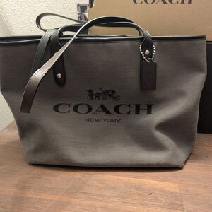 COACH Gray Canvas Tote with Black Leather Trim